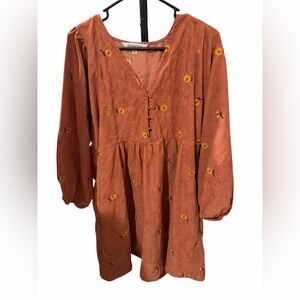 Davi and Dani Corduroy Dress with Sunflower Embroidery